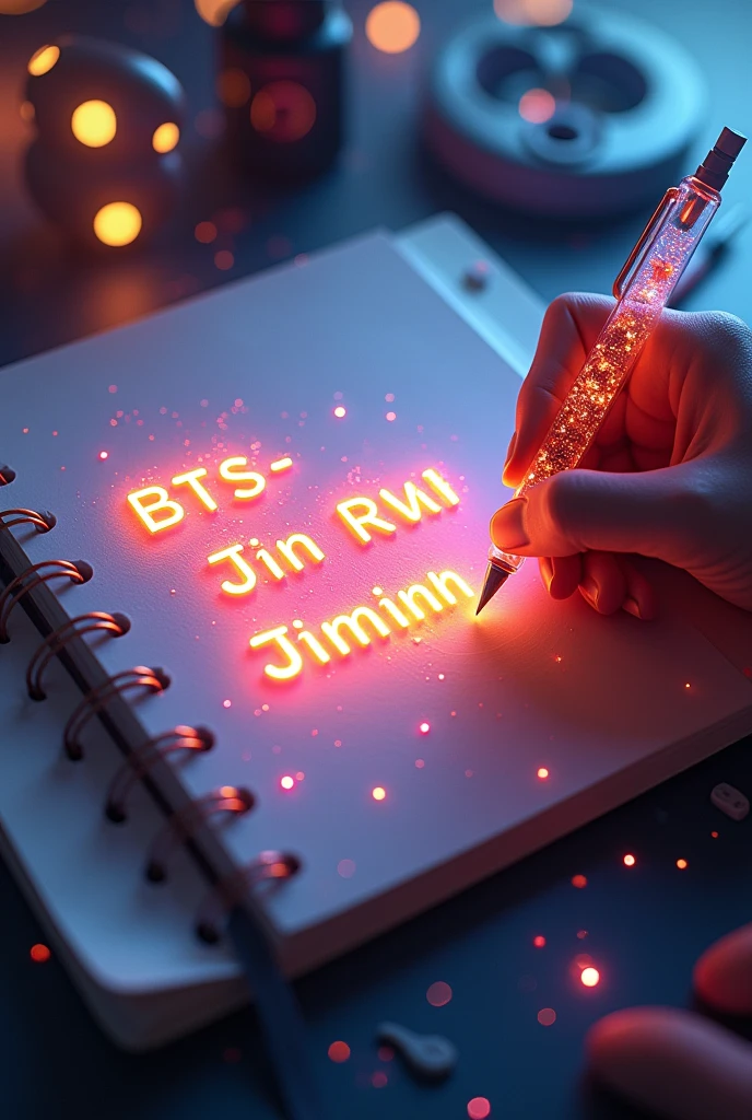 A mesmerizing, hyper-realistic 16K 3D illustration captures a magical moment of pure creativity. A talented artist masterfully sketches a heartfelt message, "BTS -- Jin -- Rm -- Suga -- Jhope -- Jimin -- V -- Jungkook. ", in a notebook. El texto está compuesto de Vibrantse, Sepia stars that smoothly transition across the spectrum.. The hand of the artist, holding a transparent pen filled with radiant stars, it's exquisitely detailed, symbolizing unlimited creativity and imagination. The background is a three-dimensional sketchbook with elements scattered throughout.., adding depth and dimension to this captivating, GAMEffiti-inspired scene. The illustration radiates energy, motion, and Vibrant colors, making it a true work of art that celebrates creativity and imagination.., GAME, cinematographic, Vibrant, GAMEffiti, chart, typoGAMEphy, product, illustration, Photo, 3d rendering, fashion, dark fantasy