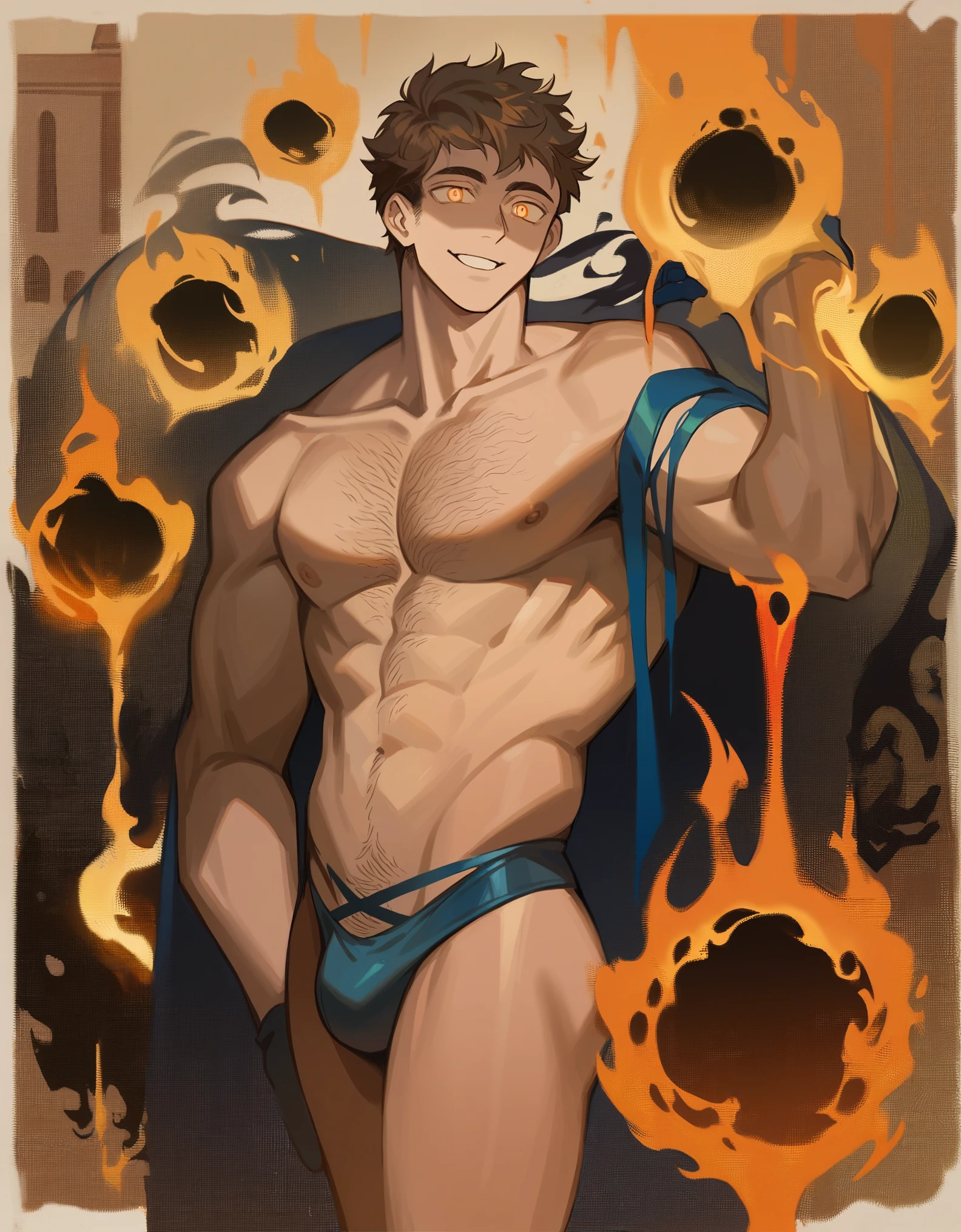 A tall, muscular male renaissance knight with long, messy, curly golden brown hair. He has hazel eyes and he is smiling. He is wearing tight, skimpy silver armor with a indigo cape, indigo thong, and indigo gloves. He has a bulge, he has big nipples, and he has a hairy chest. He has hairy legs. He has a hairy stomach. He has hairy arms. His hands are on his hips. He is standing in front of a beautiful medieval castle. surreal atmosphere, contrasting dark shadows, mesmerizing glow, detailed facial features, flowing lava tendrils, fiery eyes