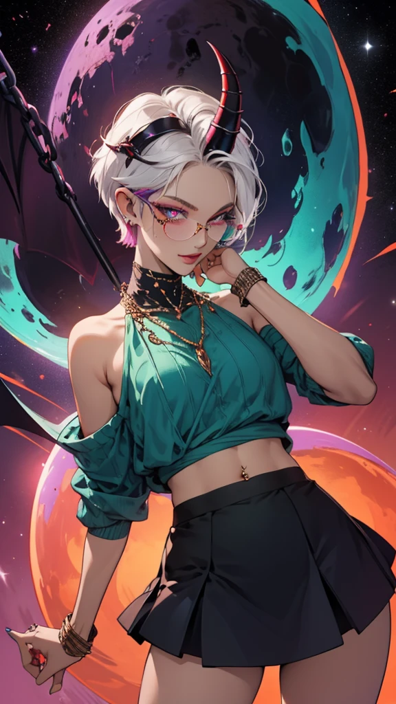8k, masterpiece, best quality, highly detailed, 1 girl, tiefling, warlock, pixie cut, multicolored hair, very short straight hair red highlight hair on white hair, strippled hair, wearing glasses, round glasses, earrings, navel piercing, red eyeshadow, long eyelashes, blushed cheek, red lips, pearl necklace, rings, collarbone, mole on face, glamorous, teal and purple clothes, sleeveless, miniskirt, smirk, holding chain, close up view, rings, looking at viewer, demon horns, solo, milky way, starry sky, blood red moon, standing, chains on the background.