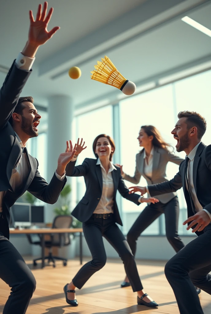 A group of businessmen, men and women, In an office, playing shuttlecock, desperate