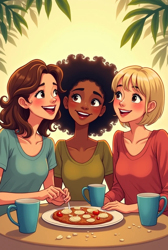 Image in drawing of 3 fun adults , one with white skin wavy brown hair, another with white skin, curly black hair, the other straight hair medium blonde color