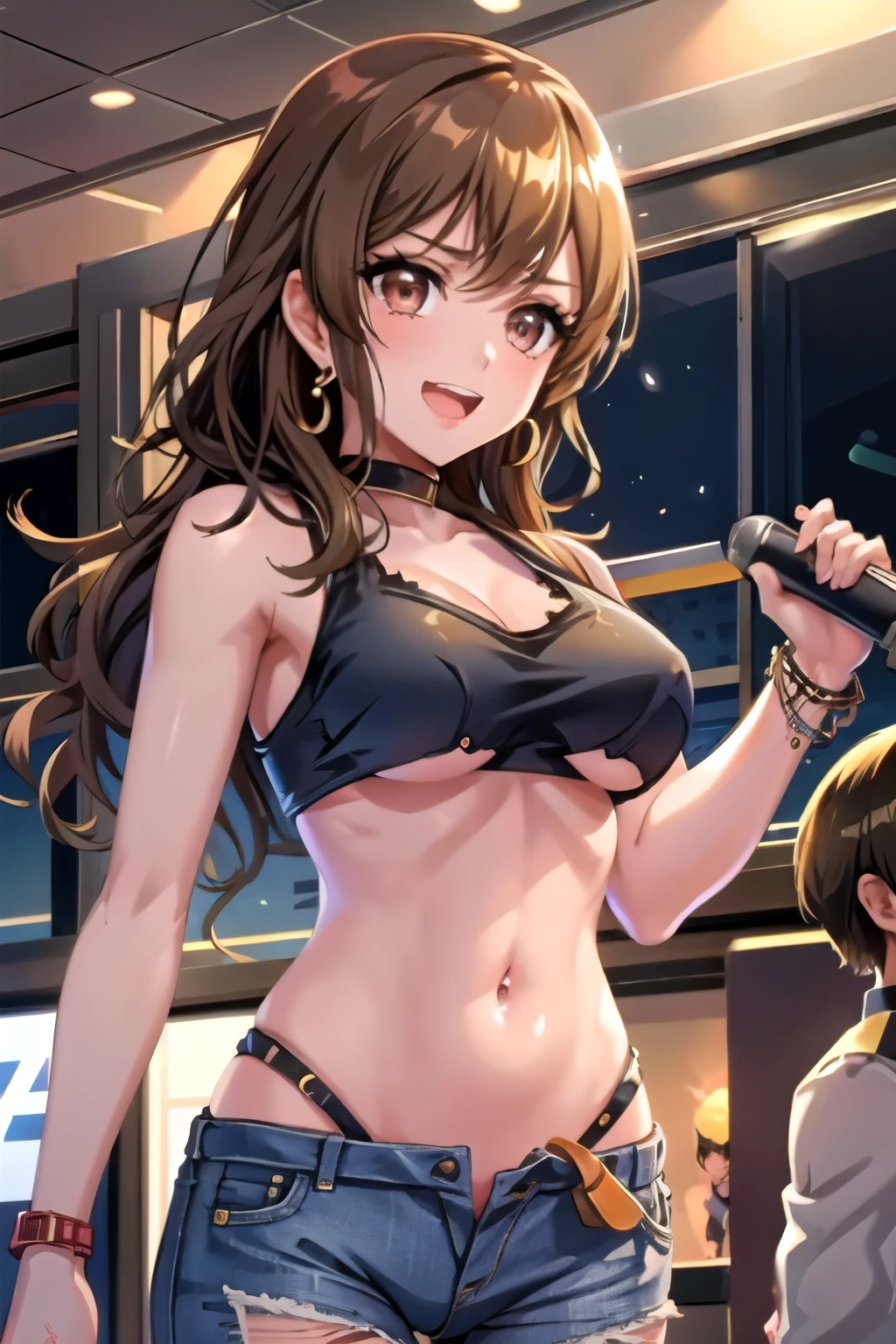  1girl, perfect face, wide hips, narrow waist, solo ,  KyokoDj, headpones around neck,  bangs,  brown eyes, long hair,brown hair, seductive smile, mall, shopping center,indoors, blush, lipstick, jewelry, earrings, Hot girl, baddie, mean girl, sensual, attractive, masterpiece,high quality,4k, bare shoulder,belly,crop top,holding pistol,cleavage,casual dress, bar background, inside bar, indoor,smile, open mouth, (nsfw) not safe for work, evil expression, exposed belly, exposed navel, exposed midriff, exposed lower belly, crop top overhang, underboob,jacket, unbuttoned jeans , low rise black jeans, Low rise jeans, Low rise jeans with open fly, navel piercing