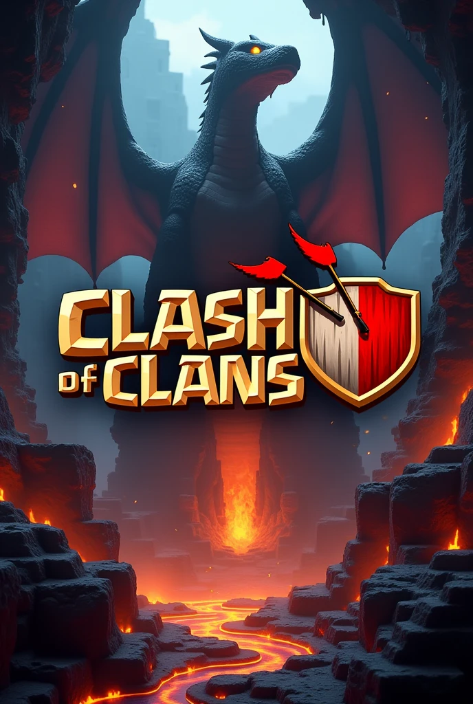 A logo with the name of "Clash of Clans II" in Spanish and a Minecraft background that is hell, the end dragon, the caves and the RTX surface 