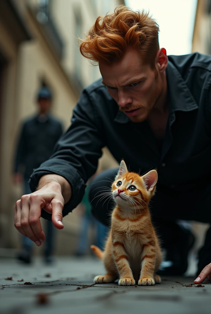 Ek creepy handsome man jisne black shirt and pent pehni h sadak kinare jha aas paas log aa jaa rhe h   creepy handsome boy haste huye ginger kitten ko  dekh rha h or finger dikha rha h or hass rha h 