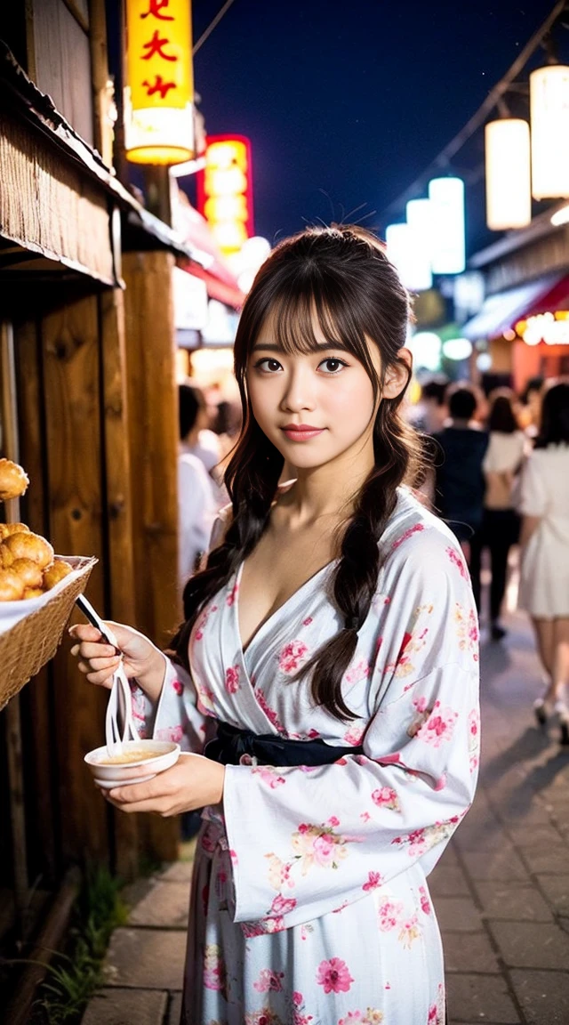 a woman, (northeast Asian food market, narrow street, at night), customers, round face, (wearing only various traditional patterned apron), (cute stall staff girl crouching slightly and spread legs, showing off her crotch), (squirting)), braid, glasses with thin rim,