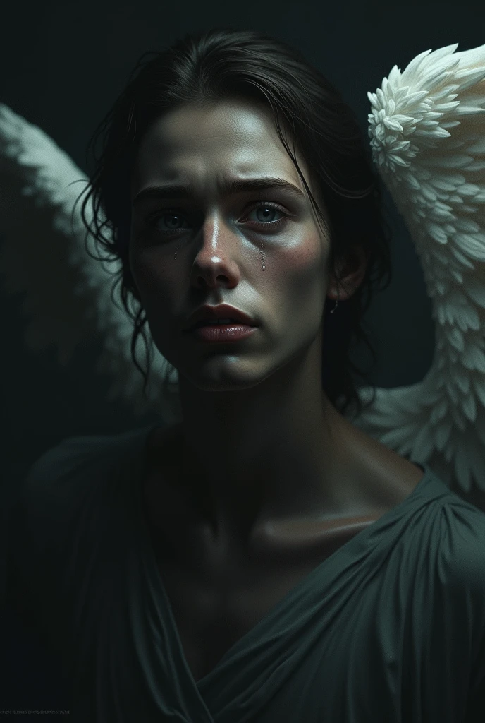 of a male angel with tears and dark background