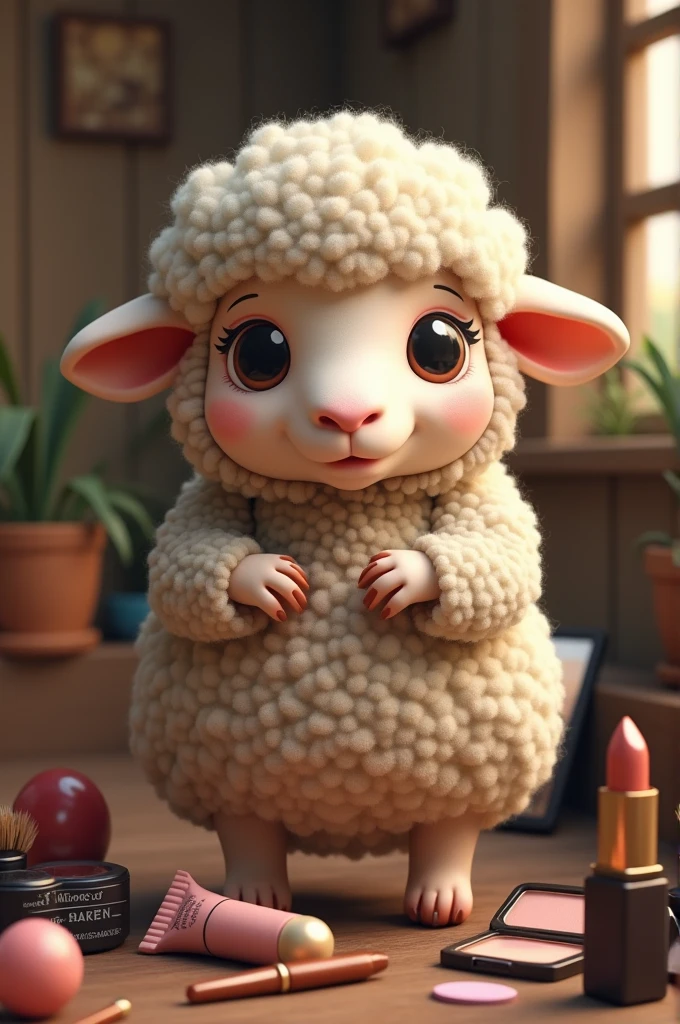 A sheep putting on makeup

