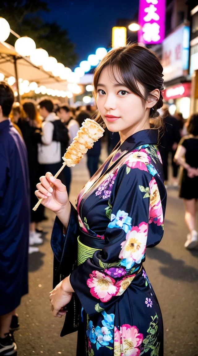 Dark brown hair、Light brown eyes、Japanese actress、 Lady、I am about 40 years old..、(Intricate details:1.2)、(Which is higher???:1.4)、 (Ultra-high resolution:1.2)、Ultra-high resolution、(Fine-tune)、(Detailed facial features)、Hmph、8k resolution、D cup size breasts、Long Hair、Hue、night、,Full body photo、Updo、Enjoying the festival、Japanese Festivalsの活気ある光景. The woman is wearing a floral yukata.,Wearing a summer yukata. They have festival foods such as takoyaki and cotton candy..nightのお祭り、Summer festival、Japanese Festivals、night祭り、A street lined with stalls selling takoyaki, yakisoba, and other street food.、night、Summer festivalの提灯、