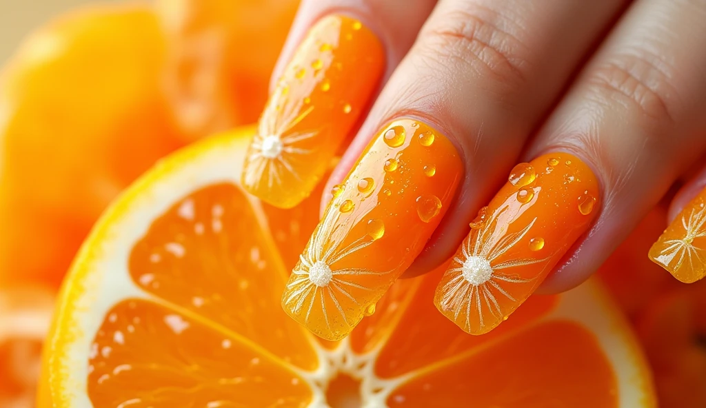 Orange Peel Nail Art: This design brings the zestiness of fresh oranges to life. The center of the nail showcases a detailed orange slice, complete with the natural segments and pulp texture. The background is a textured, 3D orange peel effect, blending seamlessly into the fruit design. Some nails are accented with delicate drops of "juice," adding a refreshing and dynamic touch to the overall look.





