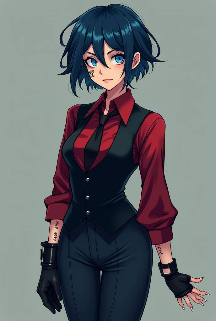 youthful woman, has short, messy hair, dark blue color , eyes with pool blue iris, has a scar on her right cheek. Has a clear, soft and well-maintained skin, with several ritualistic scar and tattoo marks. The girl is dressed in a crimson dress shirt with black pieces, over a dark vest and dark blue pants that go with the look from below, as accompanying accessories Evelyn wears a single glove on her right hand 


