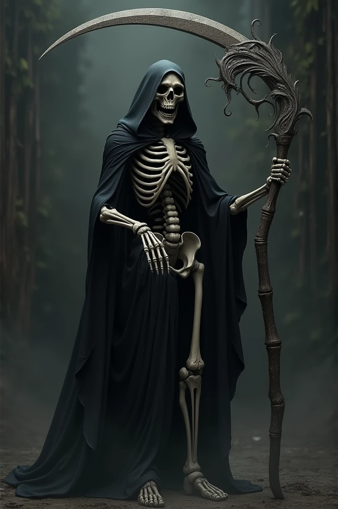 A skeleton wearing a black outfit along with a black hood holding a scythe