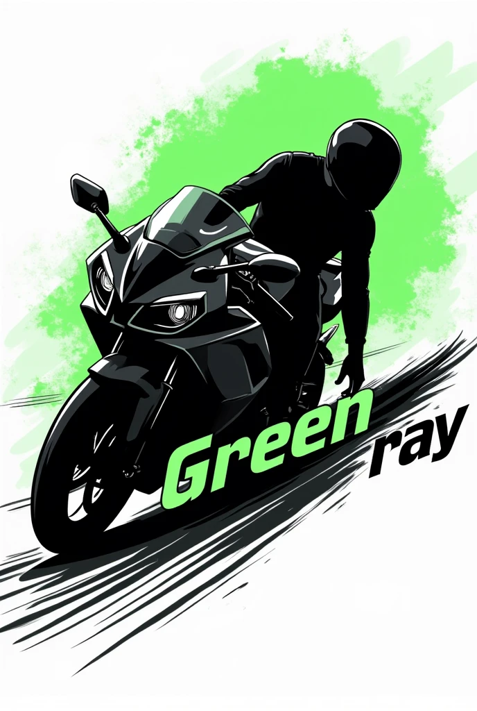 The black silhouette of a green Lightning combined with a Kawasaki Ninja 300 displacement motorcycle, falling on the track, The bike is in profile and under the surface it says "Green ray", It's an epic and eye-catching logo design, drawing style.