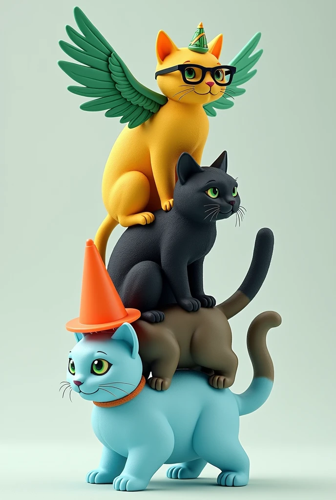 Yellow cat with a green winged Egyptian cap on top of a black cat with glasses on top of a cat with a traffic cone on top of an ice cat