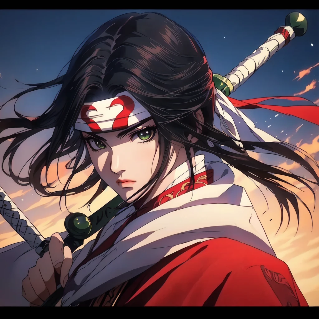 anime character with sword and cape holding sword in front of a sky, she is holding a katana sword, sengoku - era art style, female samurai, demon slayer rui fanart, she is holding a sword, onmyoji detailed art, advanced digital anime art ”, anime epic artwork, badass anime 8 k, amaterasu, dramatic wielding katana pose, katana