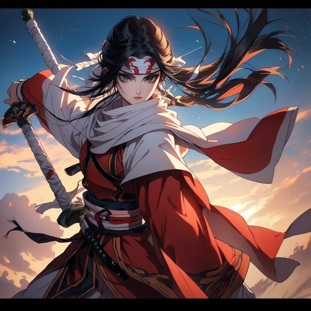 anime character with sword and cape holding sword in front of a sky, she is holding a katana sword, sengoku - era art style, female samurai, demon slayer rui fanart, she is holding a sword, onmyoji detailed art, advanced digital anime art ”, anime epic artwork, badass anime 8 k, amaterasu, dramatic wielding katana pose, katana