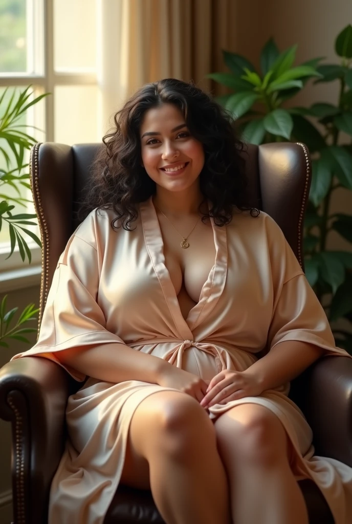 (photorealism:1.2), beautiful woman, chubby, sitting on office chair, wearing loose open short silk robe, medium curly dark hair, soft lighting, plants in background, window with sunlight, cozy room, relaxed pose, realistic, intricate details, legs wide apart, warm colors,