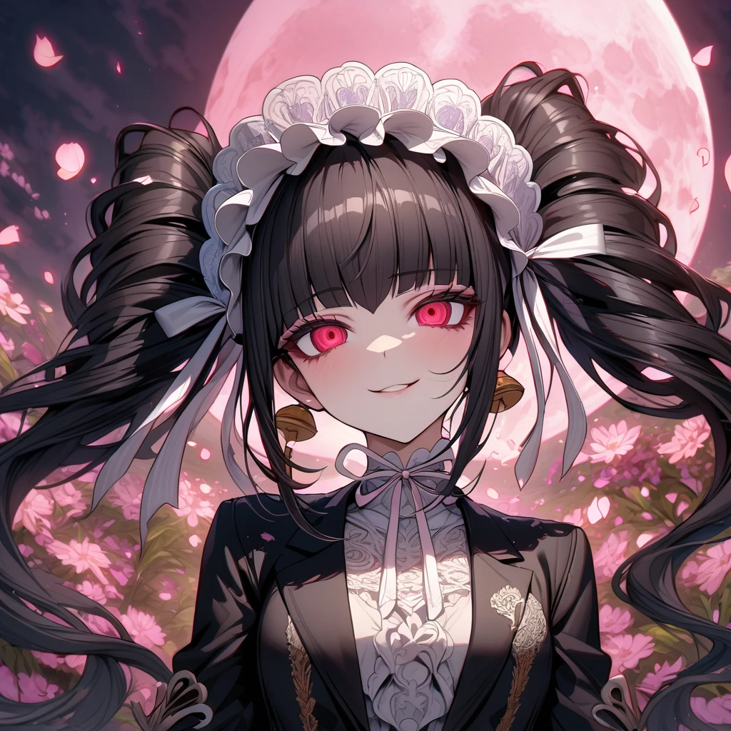 Ultra detailed, highres, absurdres, HDR, master piece, Celestia Ludenberg, black hair tied into two twin-drill pigtails, white bonnet, expressive red eyes, black jacket, white shirt, Danganronpa, pink flowers, petals, fireflies, pink moon, woman, solo, extremely beautiful, very detailed face and eyes, best quality, fantasy, magical, smirking