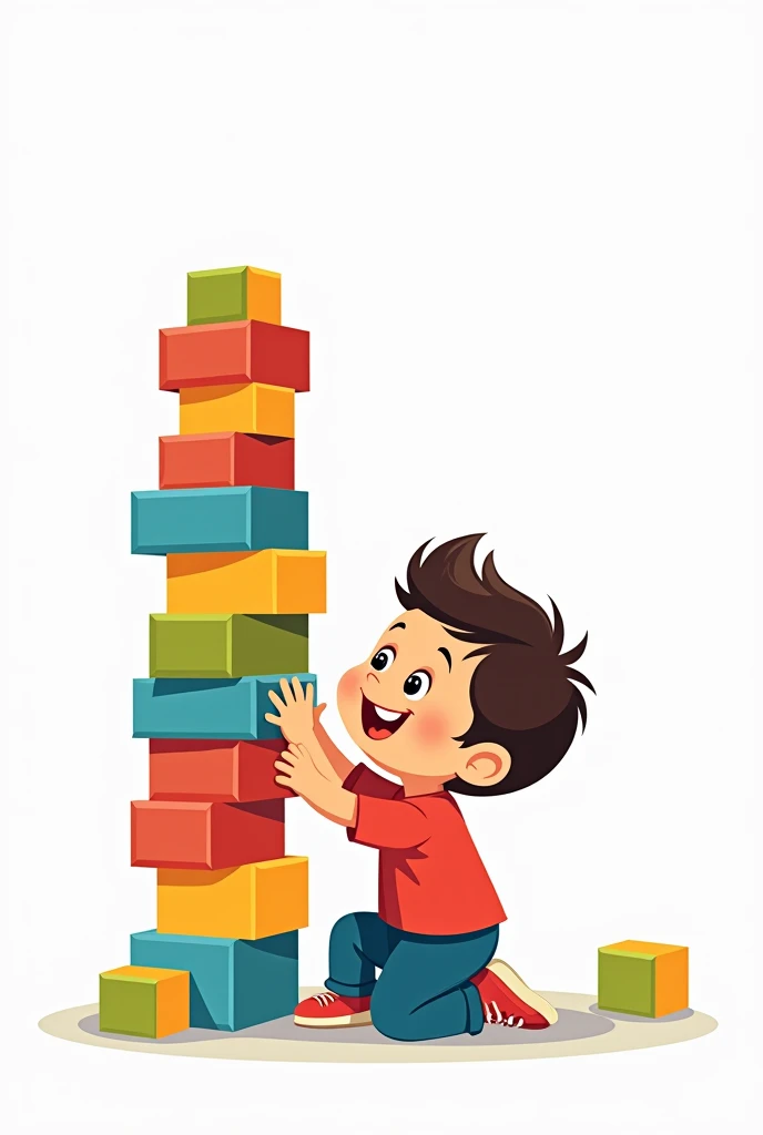 Create a cartoon of a with a white background who is placing colored blocks with his hands to build a staircase of larger levels as the child goes up.