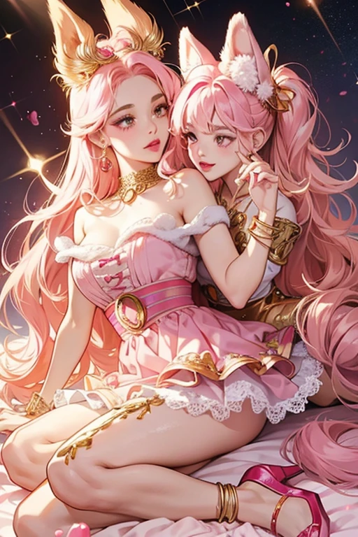 Two Disney princesse, sucking two penis, penis between legs,