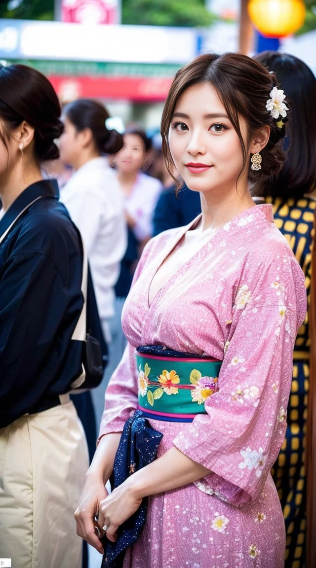 Dark brown hair、Light brown eyes、Japanese actress、 Lady、I am about 40 years old..、(Intricate details:1.2)、(Which is higher???:1.4)、 (Ultra-high resolution:1.2)、Ultra-high resolution、(Fine-tune)、(Detailed facial features)、Hmph、8k resolution、D cup size breasts、Long Hair、Hue、night、,Full body photo、Updo、Enjoying the festival、A lively scene at a Japanese festival. The woman is wearing a floral yukata.,Wearing a summer yukata. Summer lanterns、obscene、sexy、