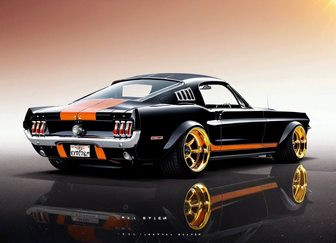 DIAGONAL CAMERA distant, full length image of a 1967 mustang fastback convertible hot rod, futuristic style, rounded corners, Black METALLIC reflective, Black  METALLIC, EXTREMELY POLISHED AND MIRRORED PAINTING, PAINT reflects bright sunlight, Hot rod style , film style stalone cobra, the painting reflects the sunlight, reflection of light shine on painting, has a THICK AND WIDE wheel in the color GOLD star, has GOLD star color wheel, thick and ridiculously wide and turned sports wheels, GOLDEN AND POLISHED WHEELS, It has gold wheels, ridiculously lowered front suspension, the night, IN A PARKING LOT IN FRONT OF A GAS STATION STYLE with neon, image in diagonal pose, hyper-detailed image masterpiece, whole image, The sun shines brightly on the car's paint., There's a beautiful 18 year old girl leaning against the car. ultra detaild, realisitic