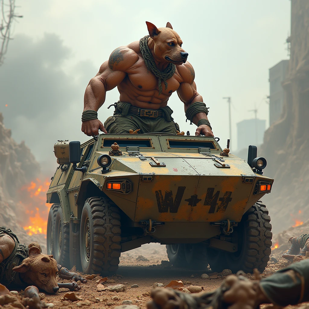 A muscular, shirtless, humanoid pitbull covered in scars on his torso, wearing ripped pants, with a furious face, riding on a Stryker APC vehicle with a visibly large inscription. "WM4" in front of a depraved war scene full of slaughtered dog soldiers