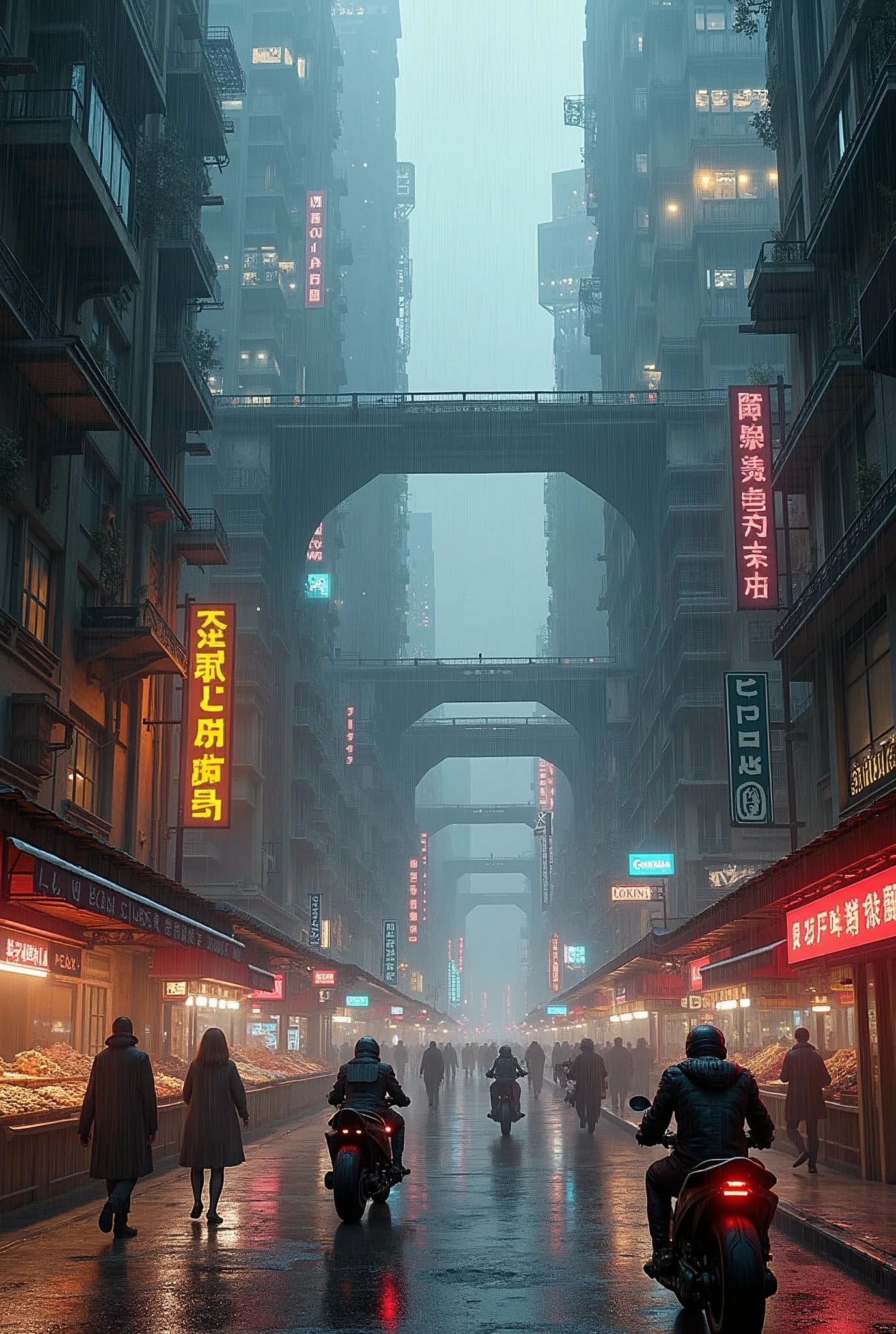 ((masterpiece)),((best quality)),((High Detail)),((Practical,)) Future Era City, There is a deep canyon in the middle, Building Street, market, bridge, Cyberpunk, European Architecture, Rainy night, neon, Futuristic motorcycle