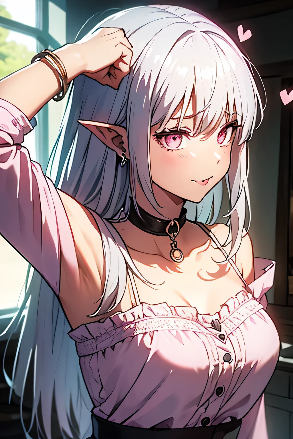 1 girl, elfo, White hair, pink eyes, pointy ears, arms up, licking your lips, eyes locked, oh there you go... bleh \(memes\), hands on your head, :q, white  shirt, Off The Shoulder, breasts big, (skeleton print:1), Heart-shaped padlock, choker, pill earrings, bracelet, Ahoge, Inside the house, standing alone, future military uniform
