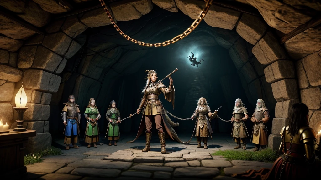 Create an dragon tied to chains, with a group of Dangeons and Dragons of adventurers in front of you, one of the people in the group is a woman holding a shotgun, ultra realistic, the place is a cave, several chains on the dragon's wings, the dragon must be chained, big chains, you can see the dragon's bones, chains attached to the wall, knight, wizard, fantasy, epic, medieval