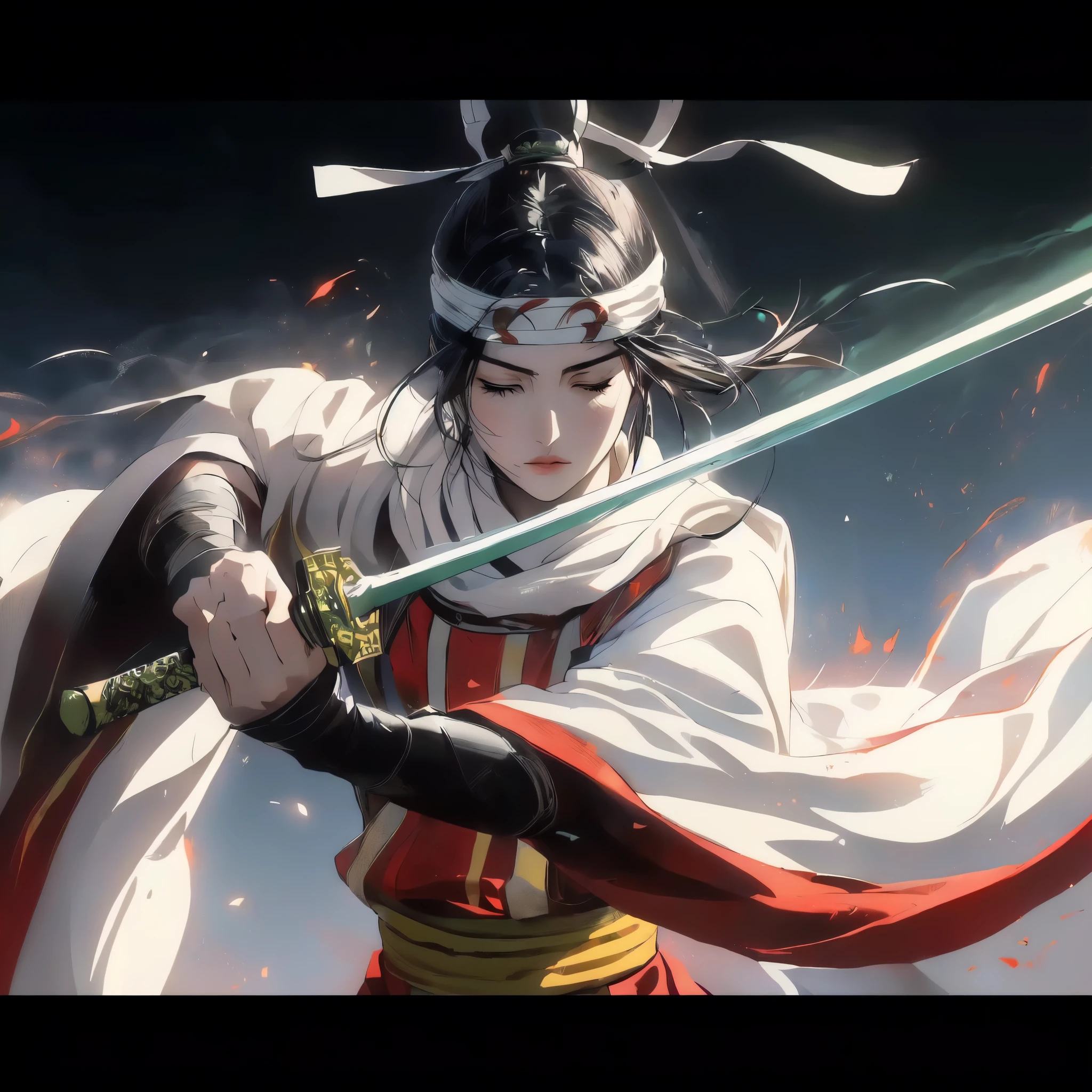 masterpiece, highest quality, 1 girl, closed eyes. Dynamic portrait of young Japanese warrior woman, facing right. Closed eyes, furrowed brows. Long black hair in high ponytail, loose strands framing face. White headband with green gem. Pale skin, pink cheeks and lips. White kosode, red hakama, green-yellow obi, dark arm wraps. Gripping katana diagonally, ornate green and gold hilt. Motion-filled pose, flowing clothing and hair. Dark, abstract background with no distinct objects or scenery. Hints of orange-red suggesting embers or energy, floating sparks. Dramatic lighting from upper left, creating rim light effect. Style blends traditional Japanese art with modern fantasy, emphasizing clean lines, movement, and power.
