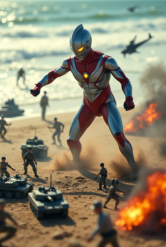 Tilt shift photography ultraman kick all army at army day bomb . sea, beach . everywhere lot of soldier in battlefield.world war 2. tilt shift photography. lot of war. tank.aircraft 1940. air drop