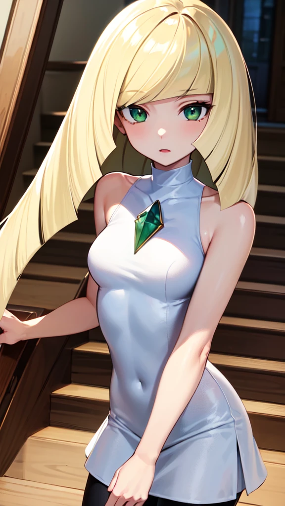 ((best quality)), ((highly detailed)), masterpiece, absurdres, (detailed eyes, deep eyes), (1girl), dynamic pose, upper body, Lusamine, blondde hair, very long hair, green eyes, medium breasts, (white dress), sleeveless dress, green gemstone, white leggings, high heels, white footwear, (indoors, on a stairway)