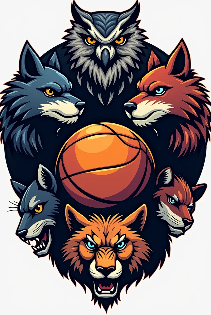 Create a logo where a basketball is in the middle and a wolf on each side, An owl, A jaguar and a lioness 