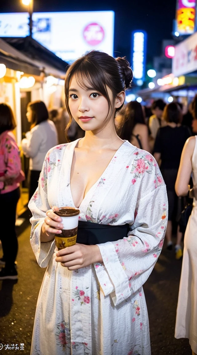 Dark brown hair、Light brown eyes、Japanese actress、 Lady、I am about 40 years old..、(Intricate details:1.2)、(Which is higher???:1.4)、 (Ultra-high resolution:1.2)、Ultra-high resolution、(Fine-tune)、(Detailed facial features)、Hmph、8k resolution、D cup size breasts、Long Hair、Hue、night、,Full body photo、Updo、Enjoying the festival、Japanese Festivalsの活気ある光景. The woman is wearing a floral yukata.,Wearing a summer yukata. nightのお祭り、Summer festival、Japanese Festivals、night祭り、A street lined with stalls selling takoyaki, yakisoba, and other street food.、night、Summer festivalの提灯、sexy、obscene、