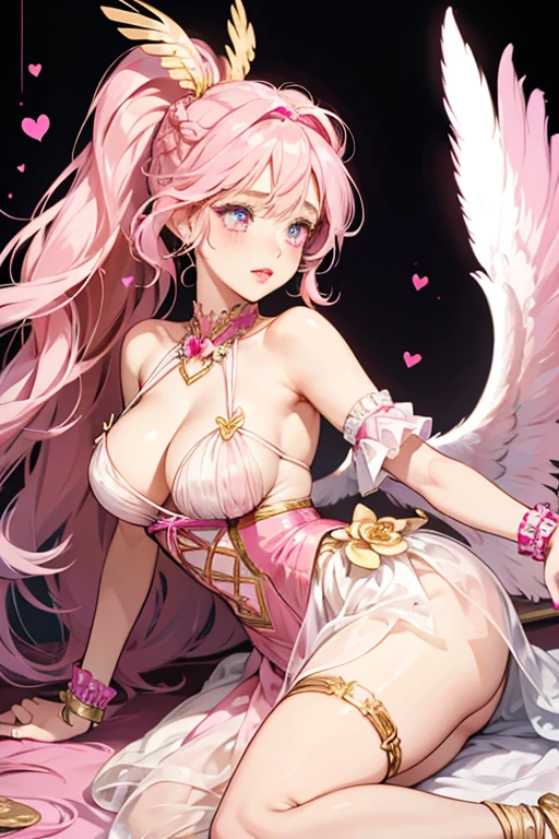 Lippy Lulu has pale pink blush and lipstick to match her eyes, and she wears her normal gold eye-shadow to accent her feather eye mask, which has curled lines, lips, and a heart at the middle for decoration. Her long hair is worn in a ponytail with a pale pink ombre, held by two braids shaped like a bow. Her bangs are split down at the middle and held back. She wears a pink headband with a winged heart accent by a gold arrow that has a heart, bow, and lip decorating it. She wears a white sleeveless dress with a hot pink pair of lips on each shoulder and a gold ribbon at the middle to match her waistband. Her skirt has a pink gradient and is covered in hot pink hearts, and she wears fuchsia shoes with a wing attached to her ankle straps. On her back are gold and pale pink angel wings. SPARKLE; GLITTER