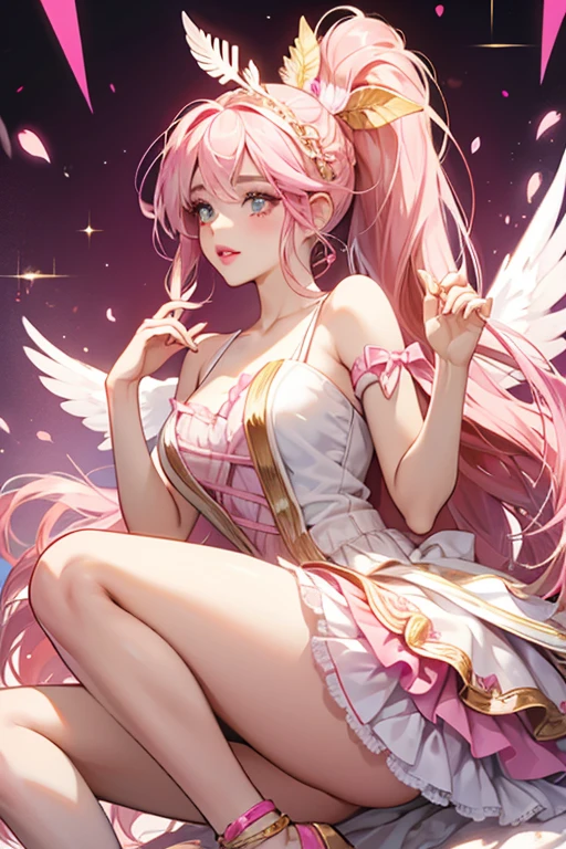 Lippy Lulu has pale pink blush and lipstick to match her eyes, and she wears her normal gold eye-shadow to accent her feather eye mask, which has curled lines, lips, and a heart at the middle for decoration. Her long hair is worn in a ponytail with a pale pink ombre, held by two braids shaped like a bow. Her bangs are split down at the middle and held back. She wears a pink headband with a winged heart accent by a gold arrow that has a heart, bow, and lip decorating it. She wears a white sleeveless dress with a hot pink pair of lips on each shoulder and a gold ribbon at the middle to match her waistband. Her skirt has a pink gradient and is covered in hot pink hearts, and she wears fuchsia shoes with a wing attached to her ankle straps. On her back are gold and pale pink angel wings. SPARKLE; GLITTER