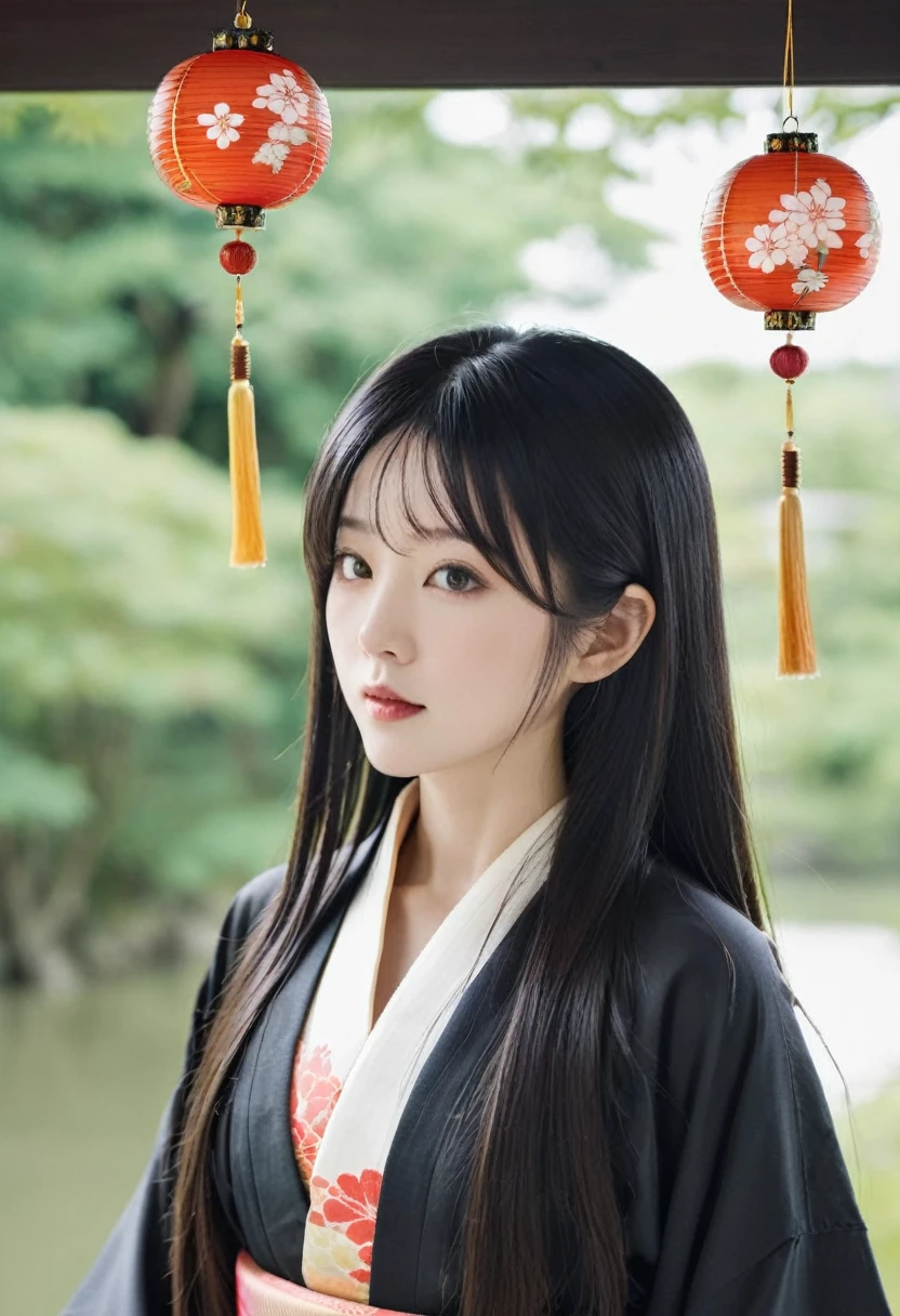 black long hair。smooth。obvious。female。young。wearing a kimono。summer。Hanging ornaments。