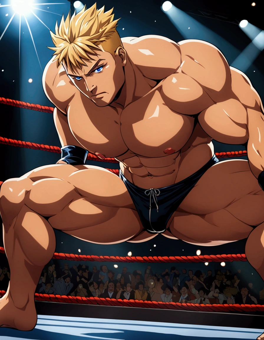 1guy, solid dude, gallant beau, blonde, tsurime, sanpaku, blue eyes, spiked hair, heavy weight muscular, handsome wrestler, 24yo, stocky waist, BREAK ideal ratio body proportions, sharp eyes, beautiful detailed eyes, toned body, elder chinpira, dark pupil, masculine playboy, builtfat, toned body, BREAK solo, topless, black wrestling bikini, nipples, abs, fighting stance, on wrestling ring, detailed background, hollywood action, provocative emotion, BREAK upperlegs focus, dramatic expression, 1990s, in capcom art style, in color comic style, in game illustration style, depth of field, dutch angle, cinematic shadows, cinematic lighting, lens flare, light leaks, VHS Quality, texture, absurdres absolutely resolution, extreme all detailed, greatest painting, BREAK masterpiece, best quality