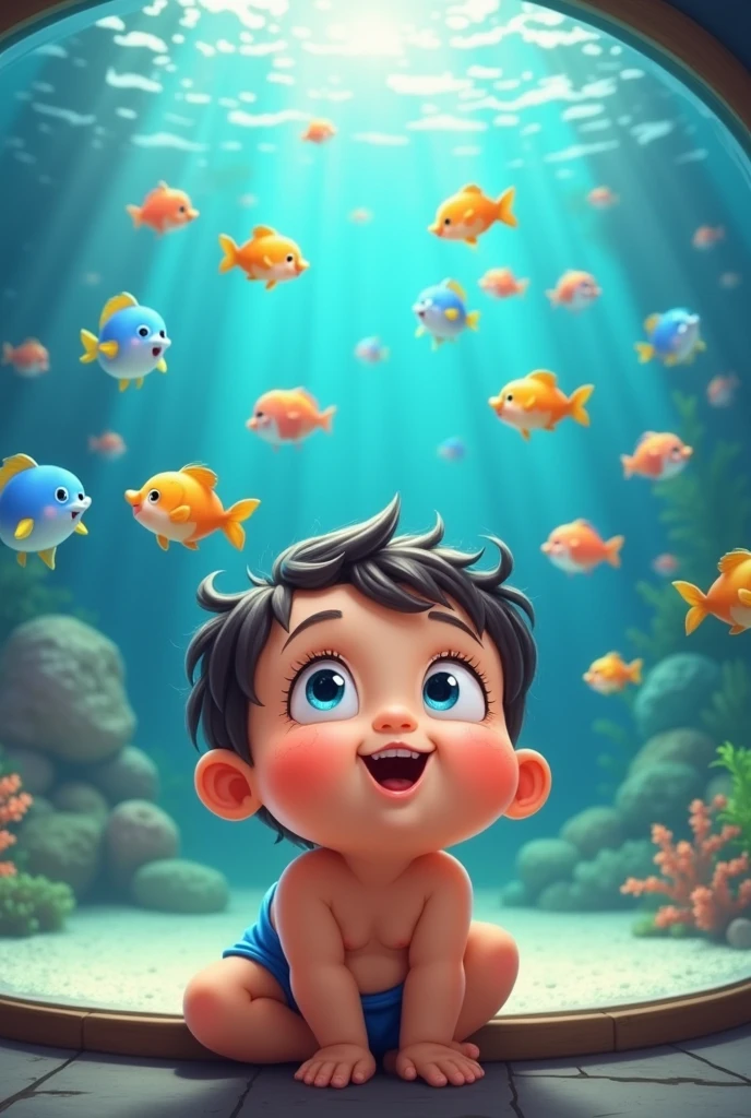 2 years, chubbyks, funny expression, while looking at the aquarium full of cute fish, caricature