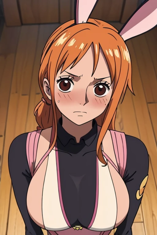 Big chest, chest, whole body,Thighs,Light blush, Bodysuits,Black,Bunny ears,looking at the camera, making eye contact, Light blush, valley,Large Breasts, Looking up