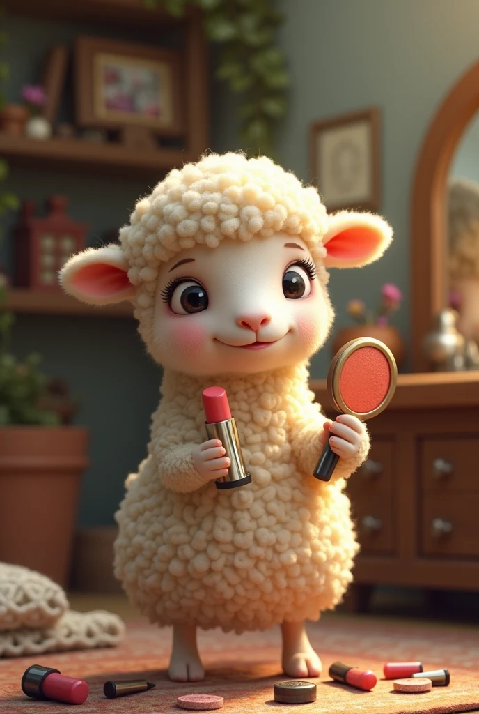 A sheep putting on makeup
