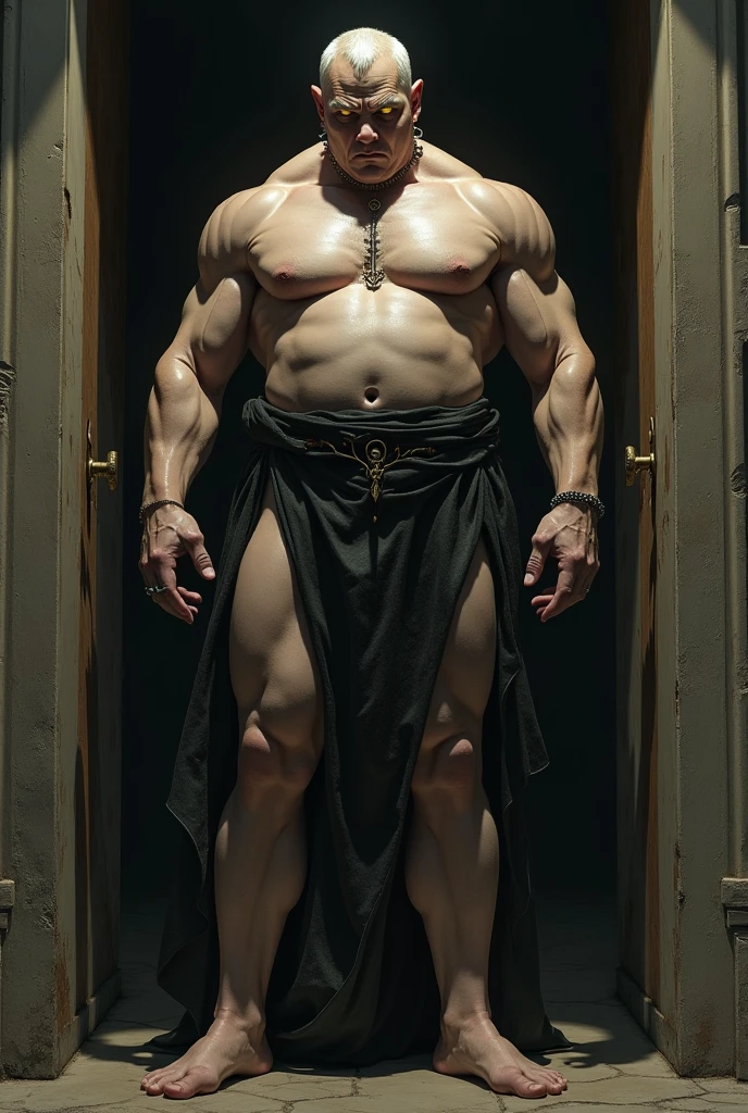 A 25-year-old pervert priest, tall, 195 cm, black-skinned, with a round face, short white hair, yellow eyes, and a body like a full body, his flat, broad chest is pierced, and the sides of his body are sculpted, narrowing as they reach the waist, embroidered with lines of various muscles until they reach a slender waist, and the features of his body are visible, starting from the shoulder muscles and under the armpits, with the abdominal muscles and their flatness, and the muscles of his thighs, shaped in a way that is consistent with the sculpture of his body, and he wears a white, transparent Greek phrase that covers his naked body and covers his black, circumcised, long, hard, wide, swollen penis with swollen veins, and he stands at the entrance door of the temple