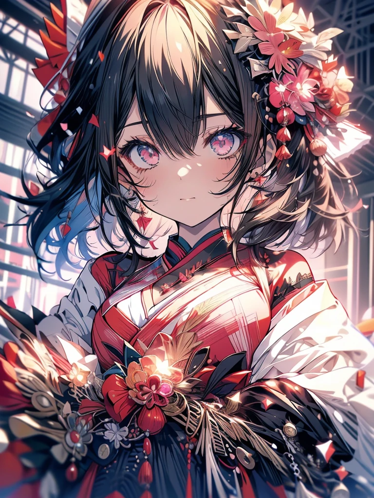 An anime girl with black hair and pink inner color、She's wearing a red hat and a pink skirt, I also make fan art, Pubic Pose, Anime Goddess, Reimu Hakurei, A cute anime wife wearing a beautiful Japanese-style dress, Enchanting anime girl, Azur Lane Style　High resolution, (1 person), (Best image quality,4K,8k,masterpiece:1.2) Open chest　Open thighs　Ultra high definition, Textured skin, 