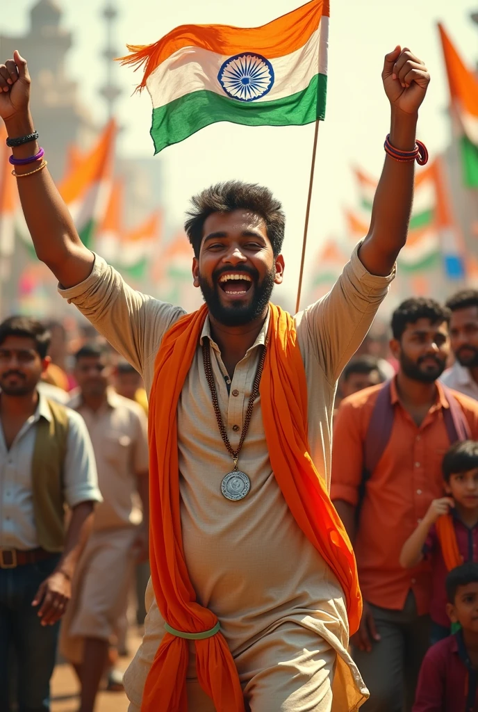 "Generate a real-life image of a 31-year-old(boy) joyfully celebrating Indian independence Day. The individual is dressed in traditional Indian attire with the name 'Narasimha Rao' prominently displayed on their clothing. The sky above them features the words 'Happy Independence Day' in a bold front. The background is alive with a crowd of people celebrating,creating a vibrant and patriotic atmosphere."