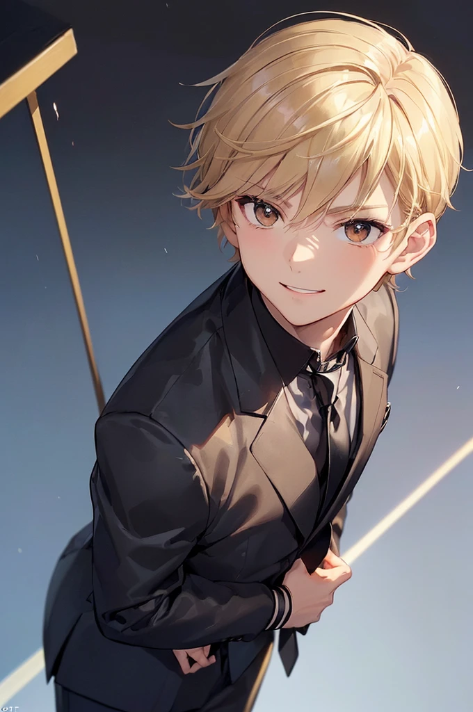 (((masterpiece; best quality: 1.2))), (finely detailed eyes: 1.3), ((ung man)), ((solo)), (brown eyes: 1.4), (body shape; lean, masculine, manly: 1.3), (very short blond hair: 1.3), (clear background: 1.2), ((depth of field)), (equipment: school uniform + black jacket + black necktie + white shirt: 1.3), (anime illustration: 1.2), (background composition; japanese highschool classroom + furniture: 1.1), (extremely handsome: 1.1), (shot composition; standing + centered on face + medium-shot close-up: 1.5), (facial expression; calm + smile: 1.2)