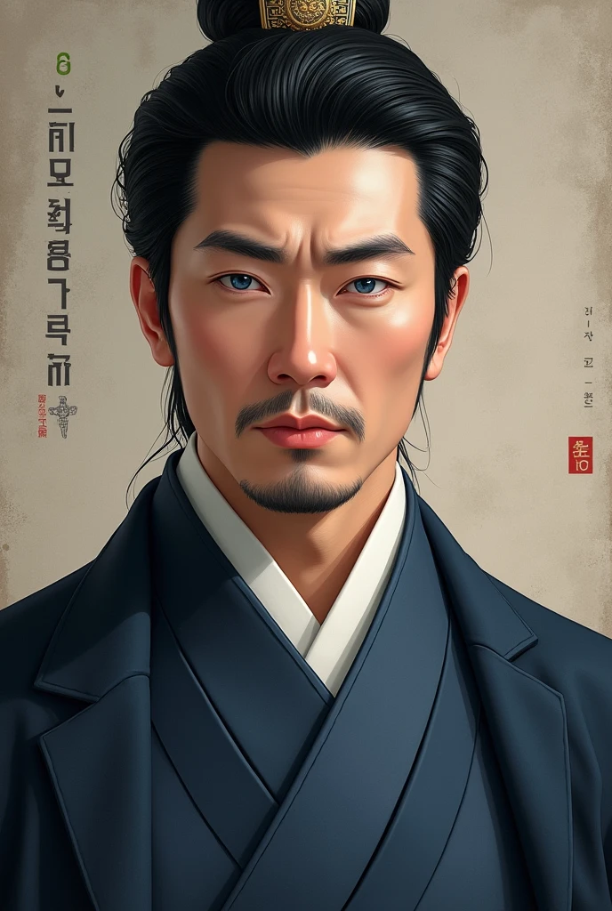 40-year-old man with blue eyes, black hair, of noble lineage, Korean-style image