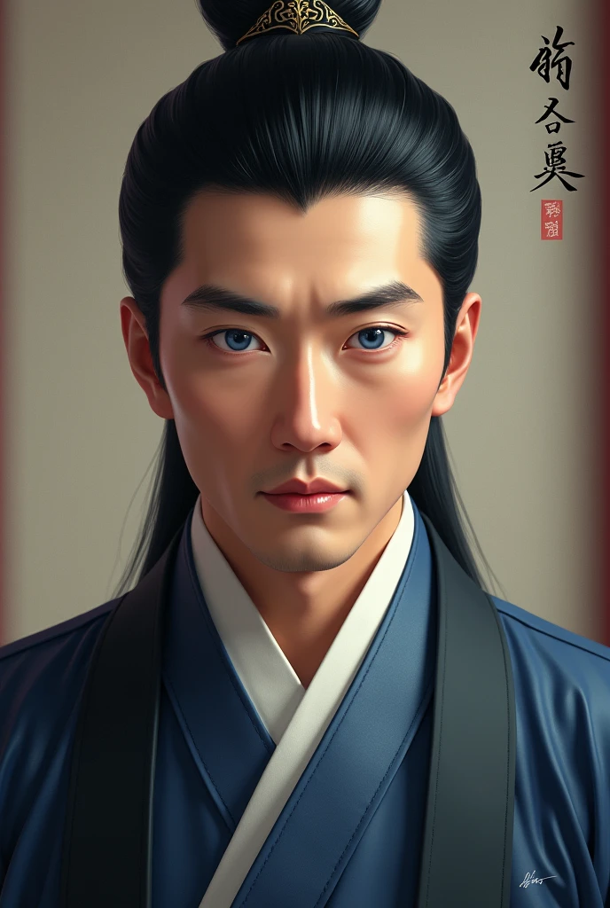 40-year-old man with blue eyes, black hair, of noble lineage, Korean-style image
