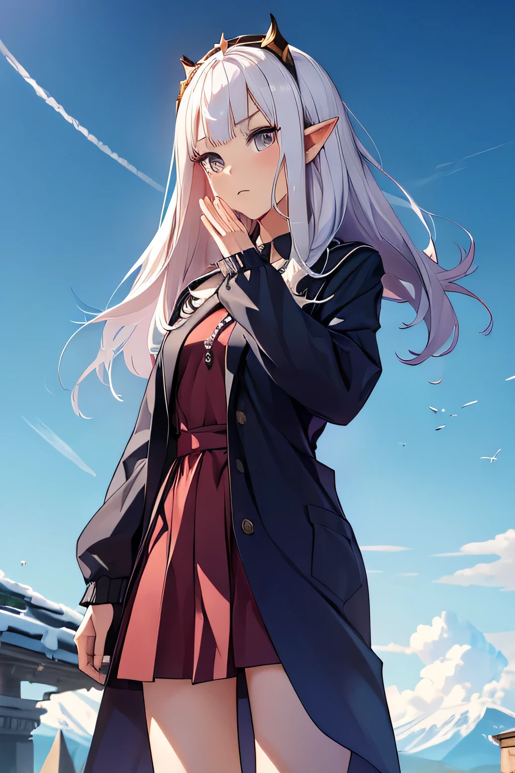 (work of art, best qualityer:1.2), standing alone, 1 girl, Elon-chan, presumptuous, looking ahead at viewer, x-arms, jaket, chemise, White hair, elfo, pointy ears
