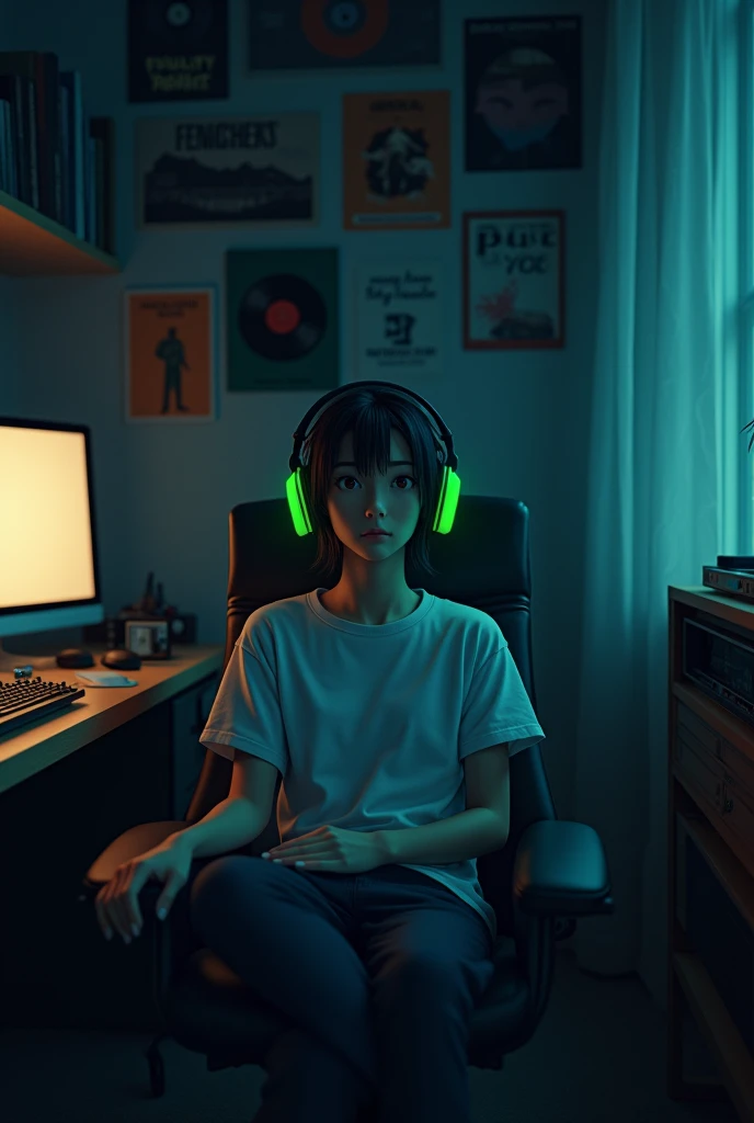 night、Listen to music in a cozy room, Using green headphones, 2D anime style, Lo-Fi, hard disk, Dark Environment、Staying calm