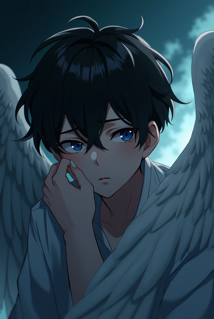 of a male angel with tears and a dark background that expresses the following phrase "Every time I want to tell you, I remember what I could lose and I stop." let it be anime